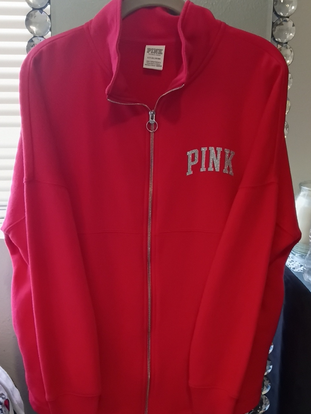 PINK Victoria's Secret Bright Red Zip-Up Jacket with Glitter Logo